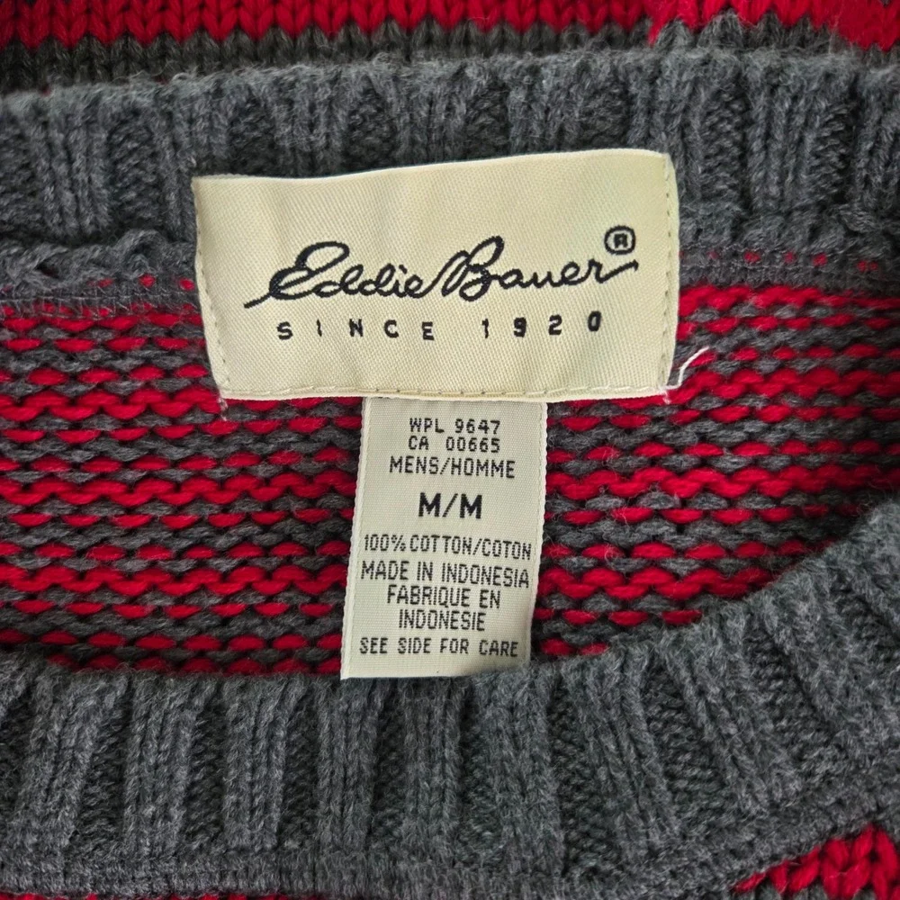 Vintage Eddie Bauer Mens M Red Gray Striped 100% Cotton Crewneck Knit Sweater